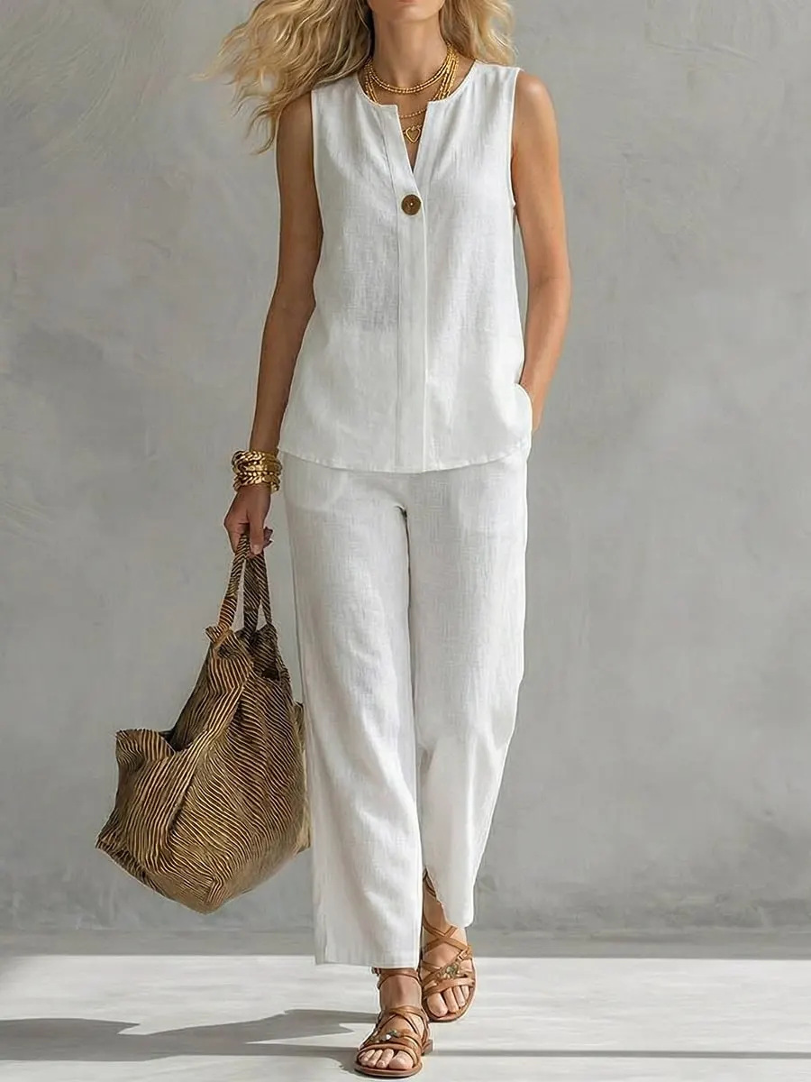 Linen Pant Wide - Tweedelig linnen set met enkele knoop,