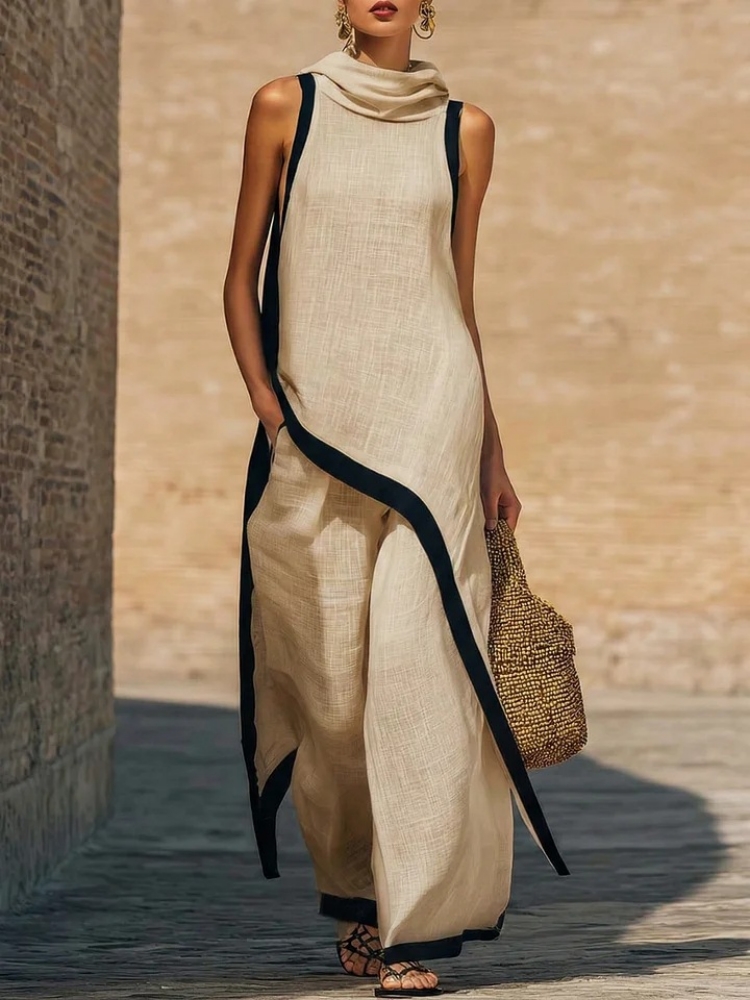 Linen Pant Wide - Dameslinnen set met contrastkleurige mouwloze asymmetrische