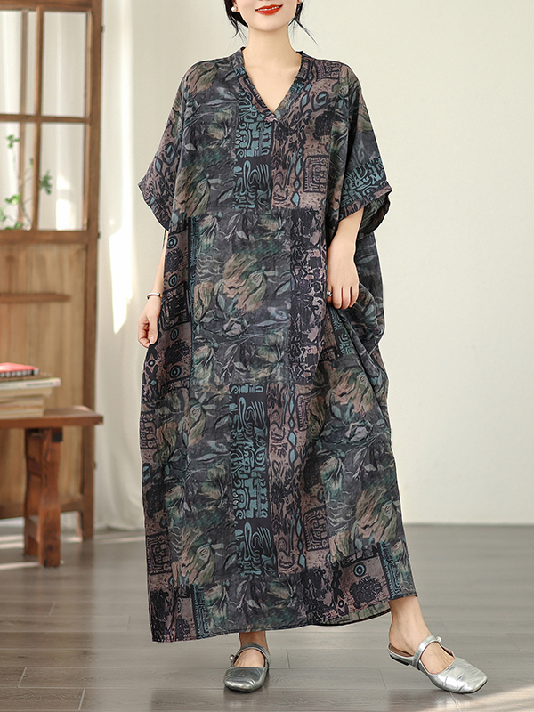 Linen Dress Wrap - Zomerse bloemenprint vakantiestijl reisjurk met V-hals,