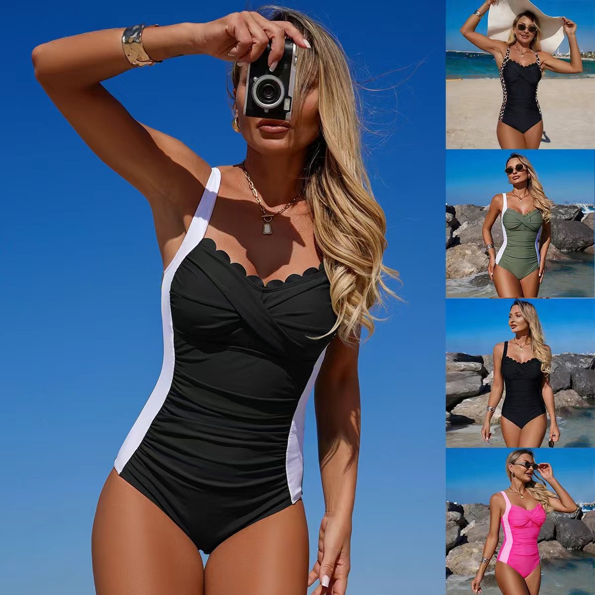 Zwart badpak met gegolfde hals - Swimsuit Bikini Ruched recensie en prijs